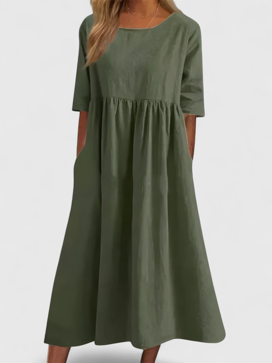 Women's Midi Dress with Round Neckline and Side Pockets - Green