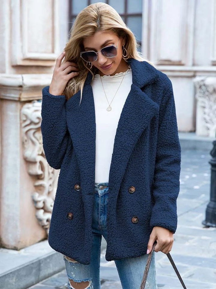 Women's Teddy Coat with Notch Lapel and Button Front - 11