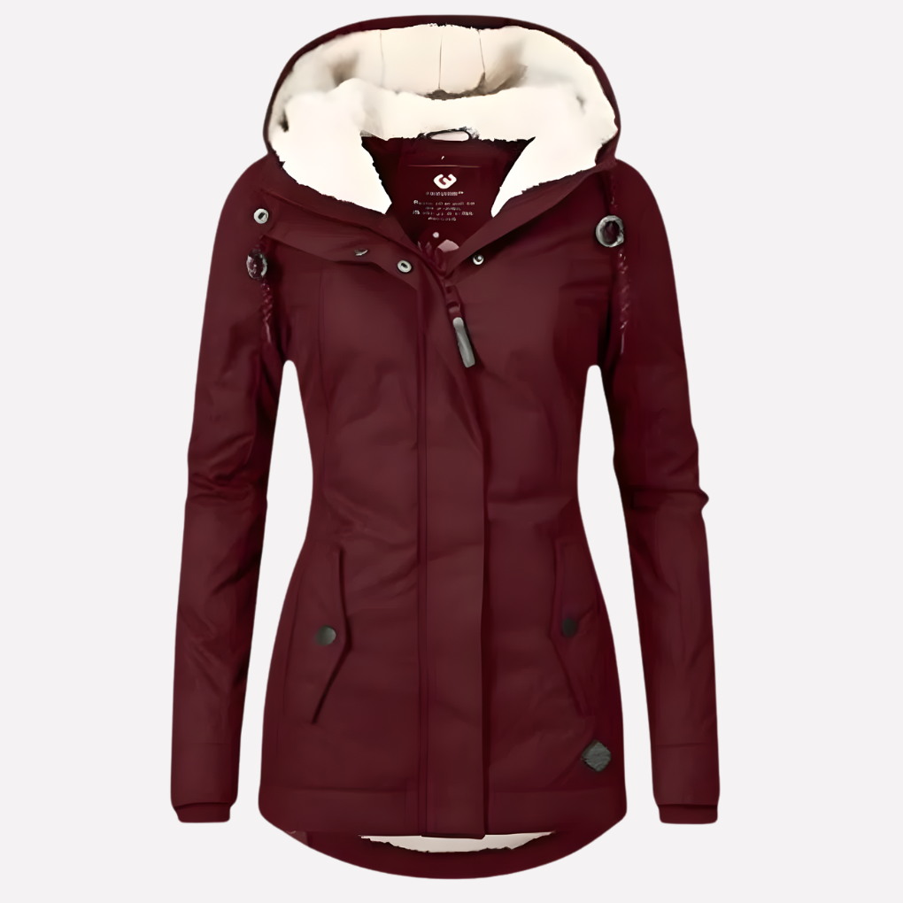 Women's Hooded Winter Coat with Sherpa Lining and Zip Front - Burgundy