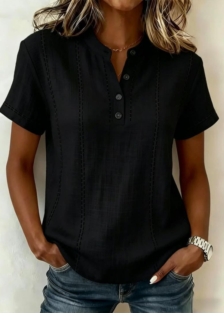 Women's Short Sleeve Blouse with Mandarin Collar and V-Neck Button Front - Black