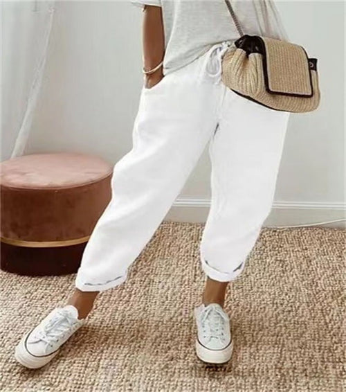 Women's Trousers Casual Fit with Elasticated Waist - White