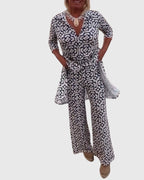 Women's Two-Piece Set Printed Longline Shirt with Wide-Leg Trousers - 3