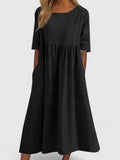 Women's Midi Dress with Round Neckline and Side Pockets - Black