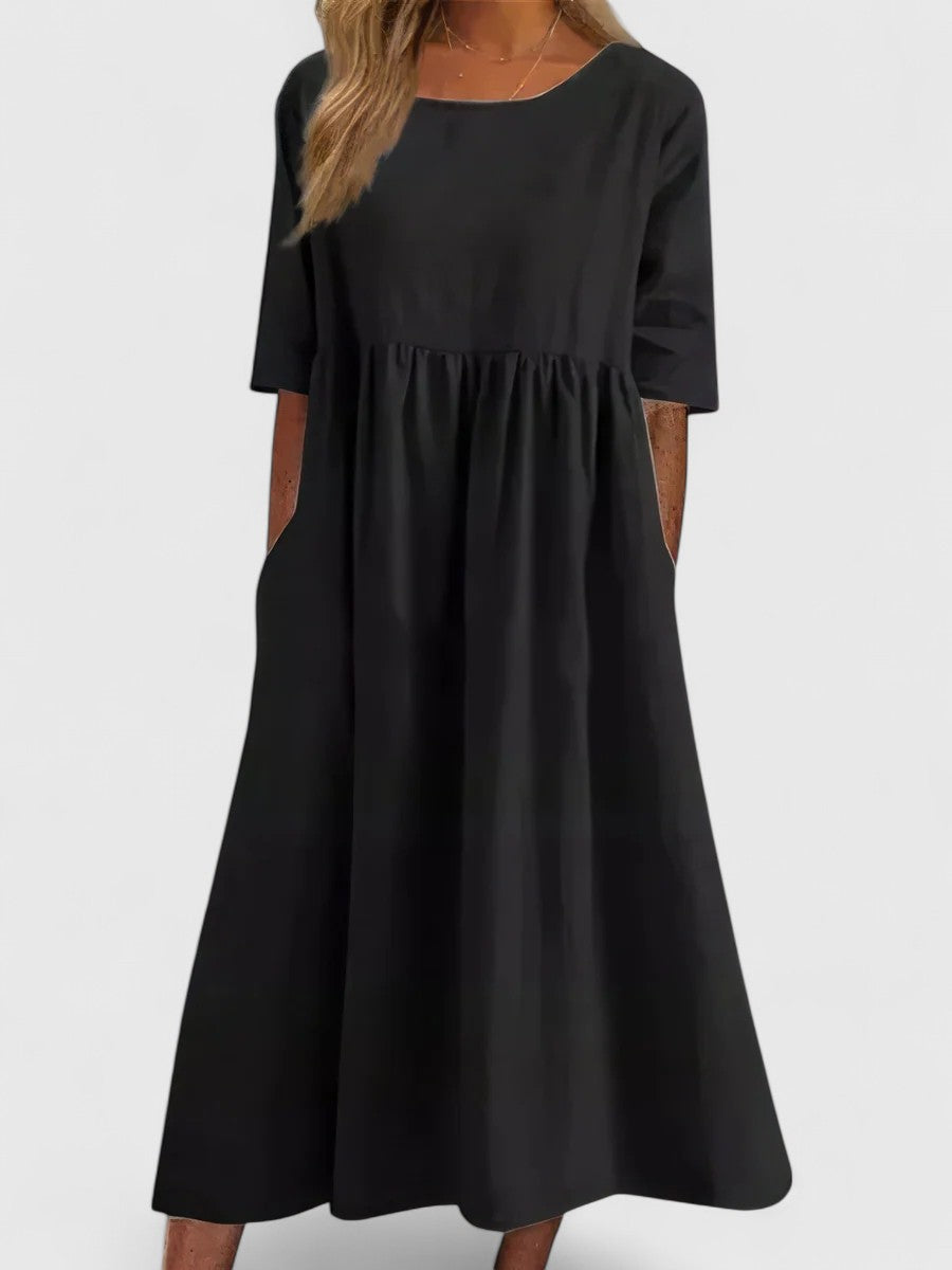 Women's Midi Dress with Round Neckline and Side Pockets - Black