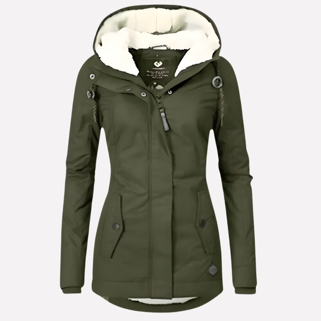 Women's Hooded Winter Coat with Sherpa Lining and Zip Front - Khaki