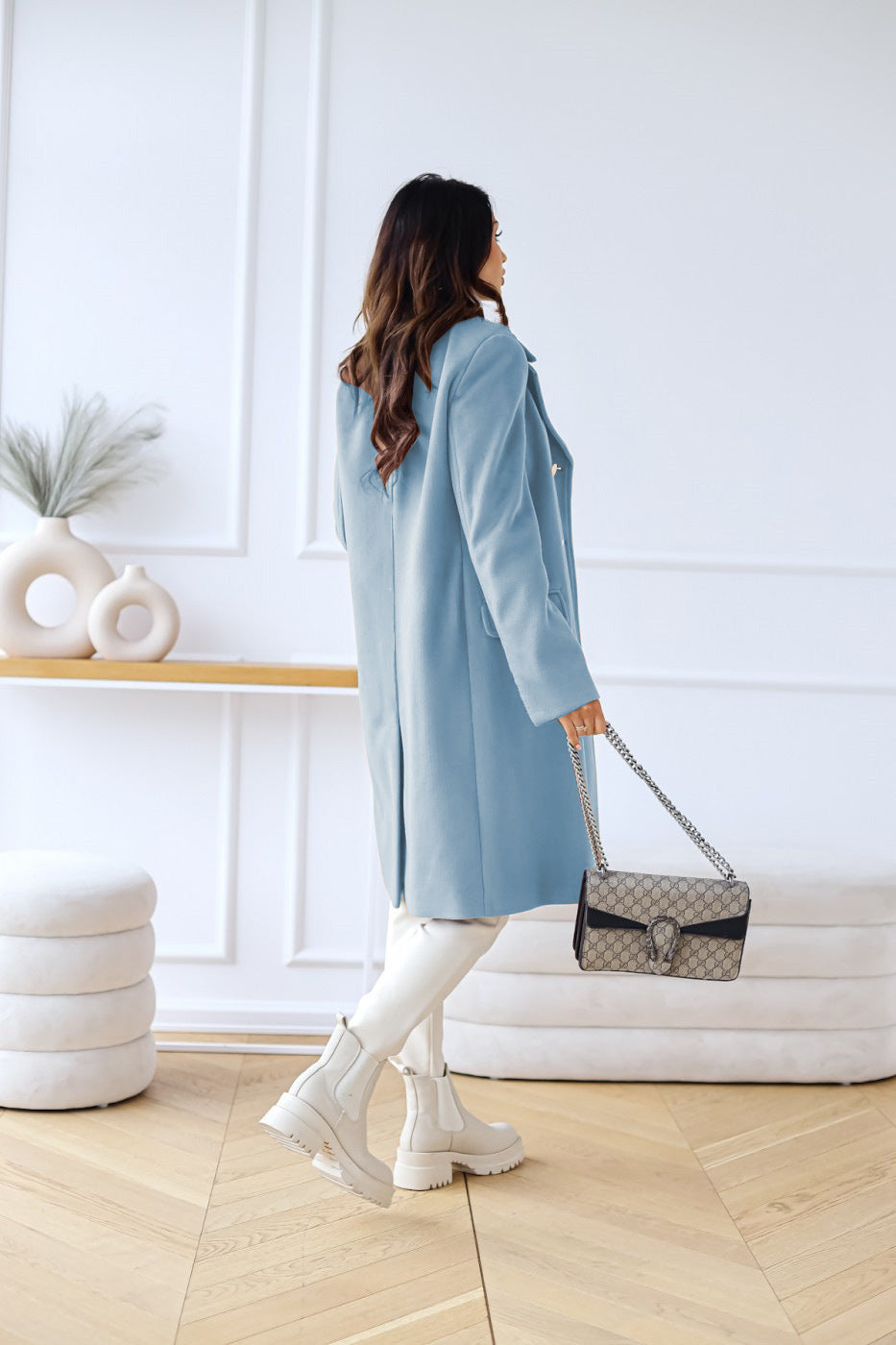 Women's Double-Breasted Wool Coat Gold Button Detail - 7