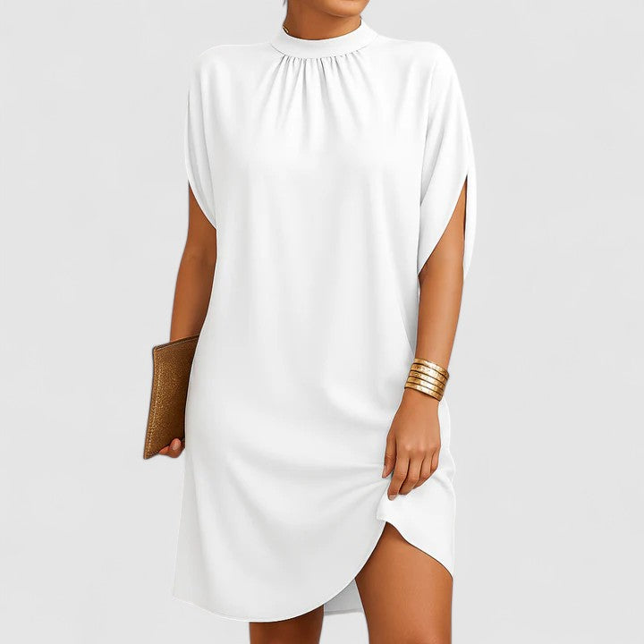 Women's Shift Dress with Ruched Neckline and Shoulder Cutouts - White