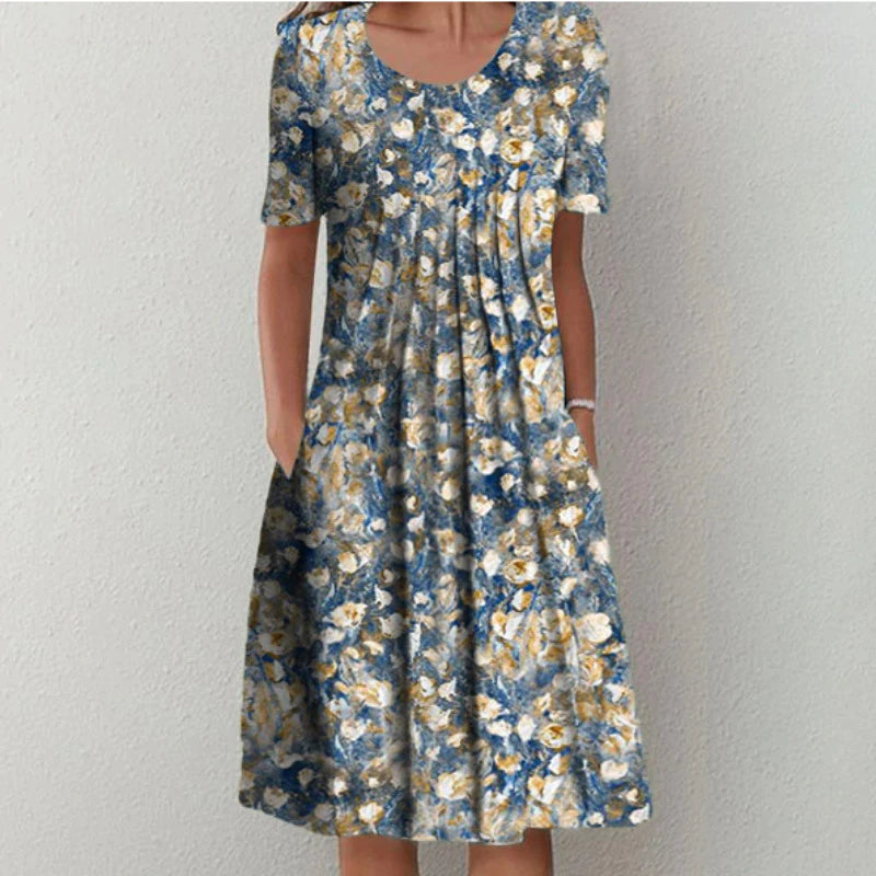 Women's Floral Print Short Sleeve Dress with Round Neck and Pockets - 3