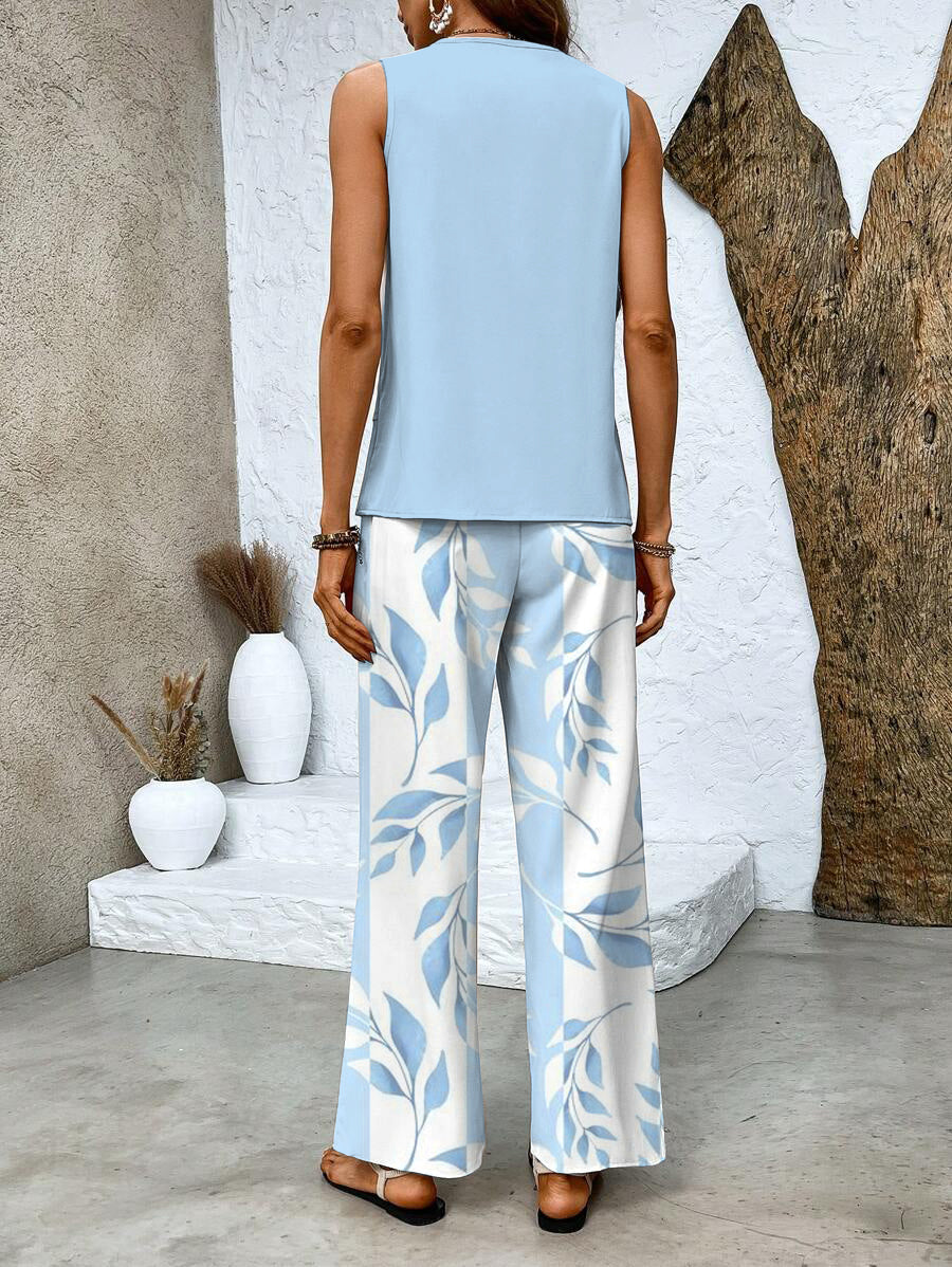 Women Two-Piece Set Layered Sleeveless Tank with Printed Wide-Leg Trousers - 9