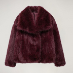Women's Faux Fur Coat with Wide Collar - Burgundy