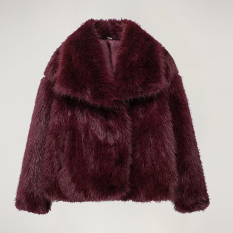 Women's Faux Fur Coat with Wide Collar - Burgundy