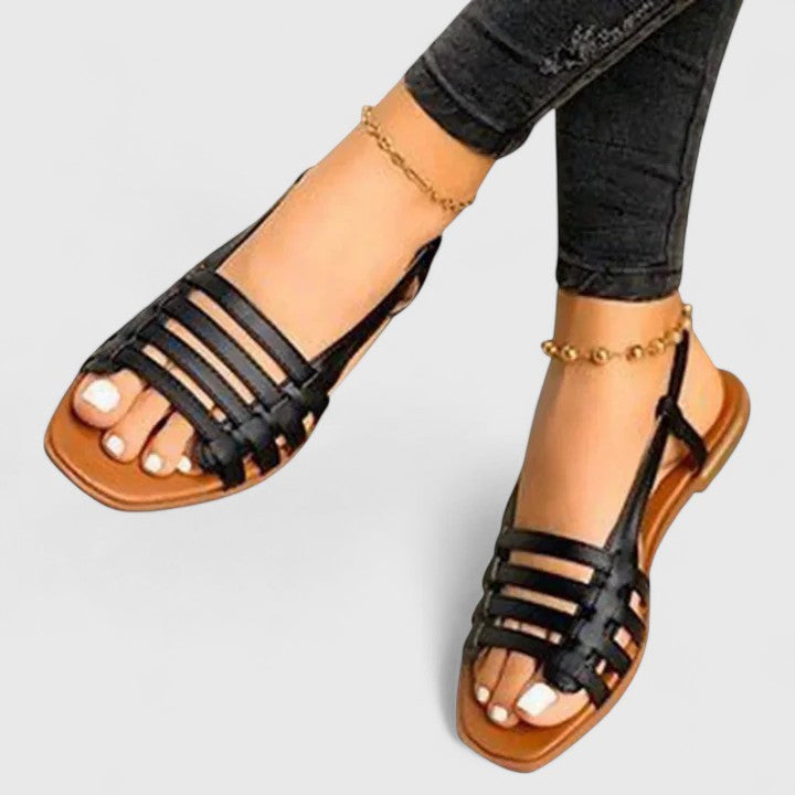 Women's Sandals with Slingback Strap and Woven Front Straps - Black