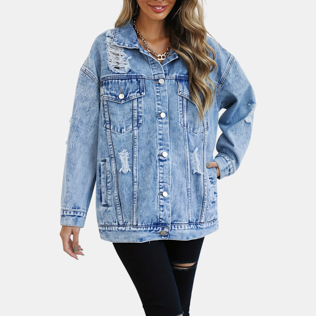 Women's Distressed Oversized Snap Button Denim Jacket - 6