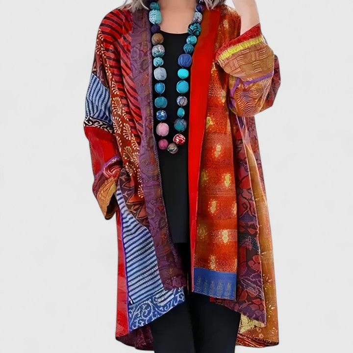 Women's Longline Cardigan Open Front with Draped Collar - Red