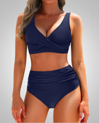 Wrap Top High-Waist Bikini Set - Dark Blue