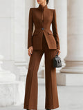 Women's Tailored Blazer and Trouser Suit with Stand Collar and Flared Leg - Brown