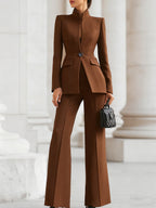 Women's Tailored Blazer and Trouser Suit with Stand Collar and Flared Leg - Brown