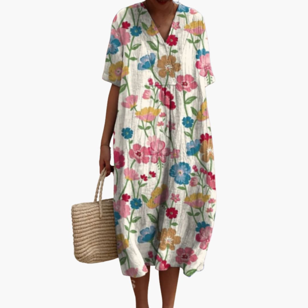 Women's Floral Midi Dress with V-Neck and Short Sleeves - Floral