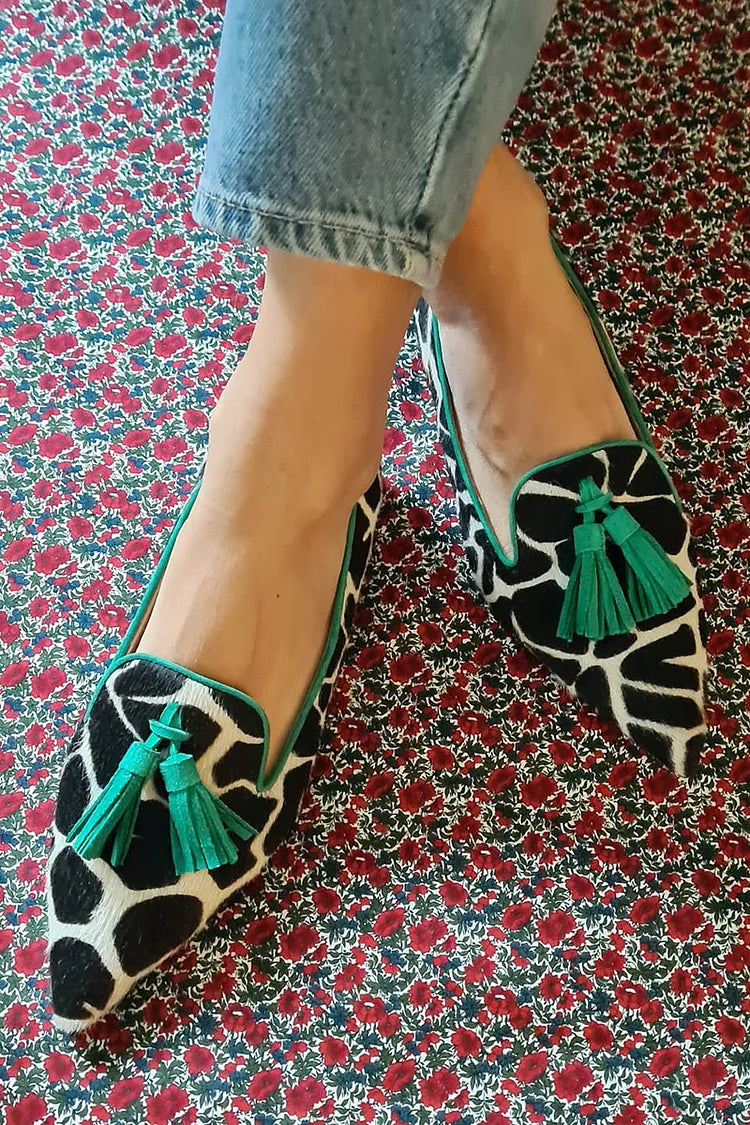 Women's Pointed Toe Loafers with Tassel Detail and Contrast Trim - Green