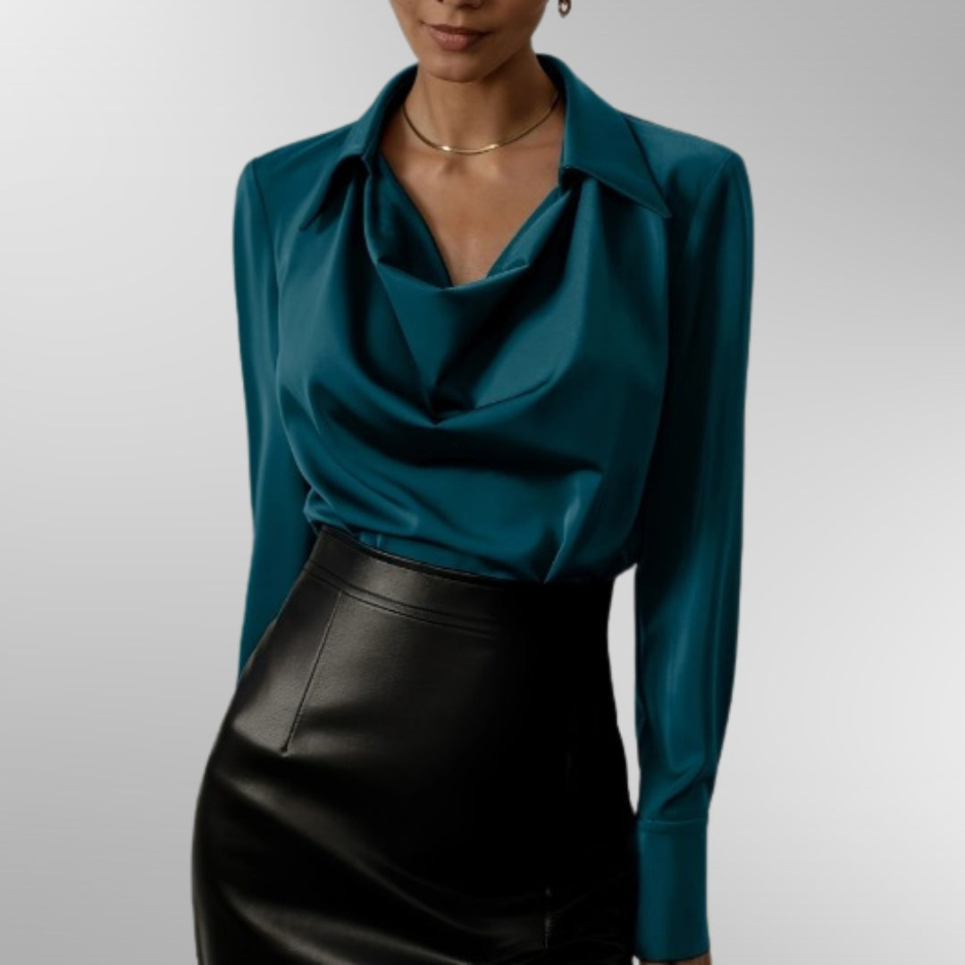 Women's Satin Blouse with Draped Collar and Long Sleeves - Peacock Blue