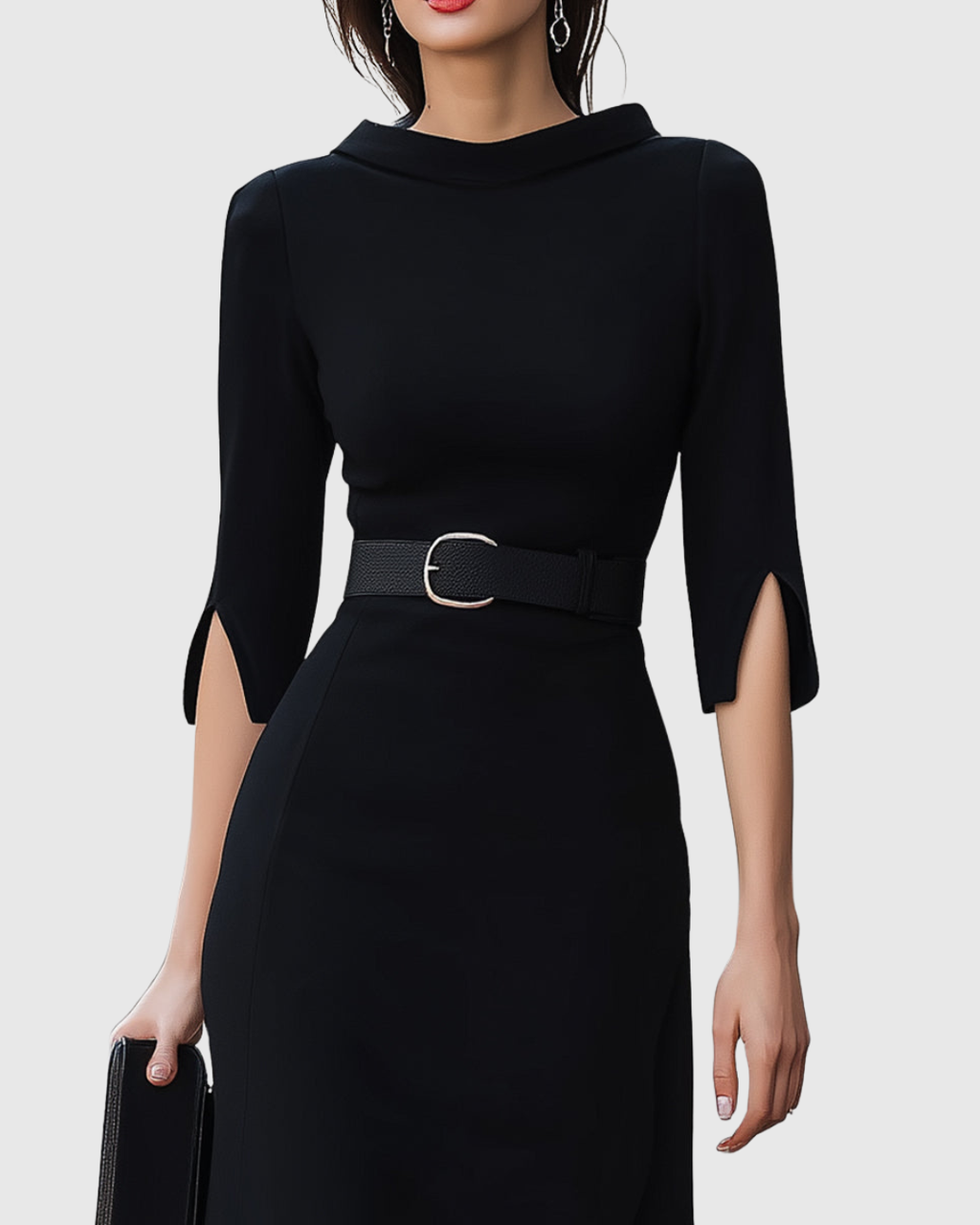 Women's Midi Dress with Belted Waist and Asymmetric Hem - 3