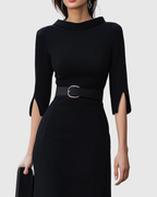 Women's Midi Dress with Belted Waist and Asymmetric Hem - 3