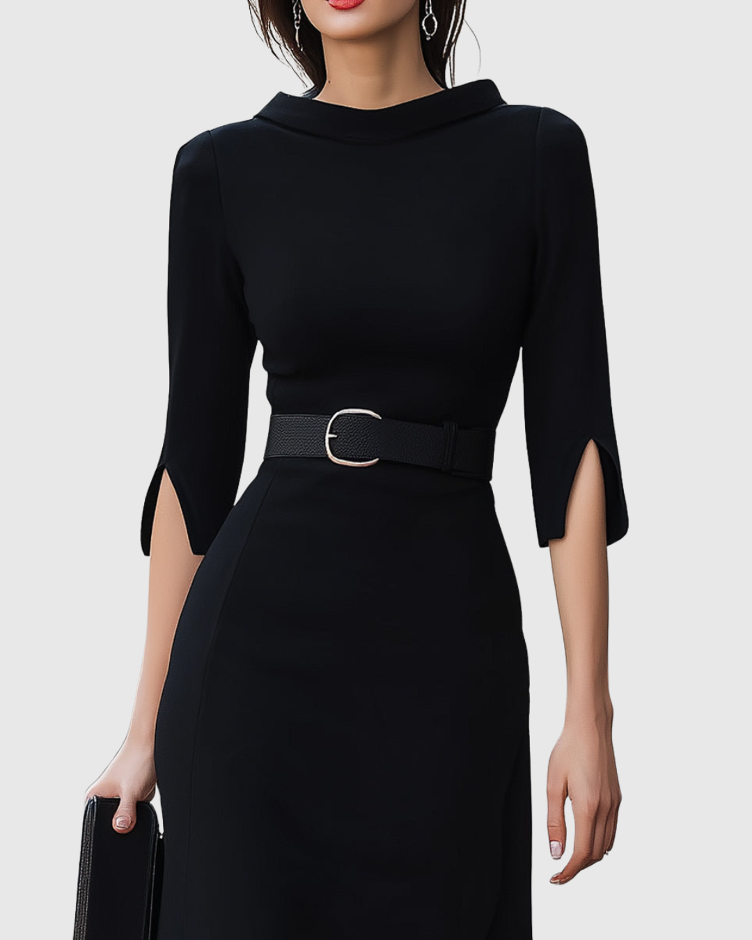 Women's Midi Dress with Belted Waist and Asymmetric Hem - 3