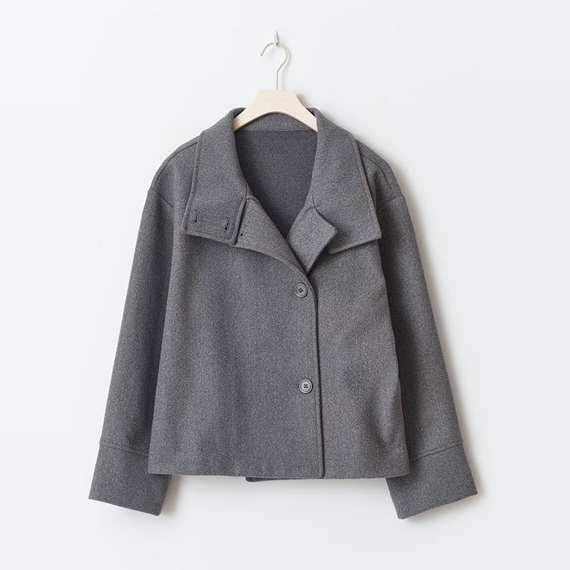 Women's Short Peacoat with High Collar and Minimalist Design - 7