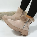 Women's Ankle Boots with Faux Fur Trim and Side Zip - Khaki