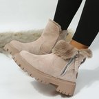 Women's Ankle Boots with Faux Fur Trim and Side Zip - Khaki