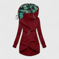 Women's Hooded Jacket with Zip Front and Printed Lining - Burgundy