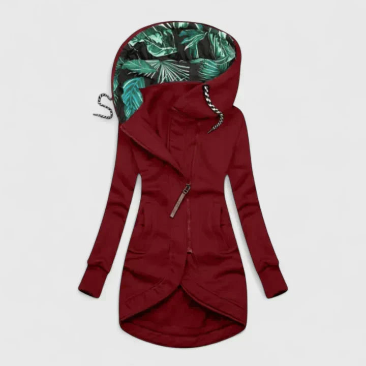 Women's Hooded Jacket with Zip Front and Printed Lining - Burgundy