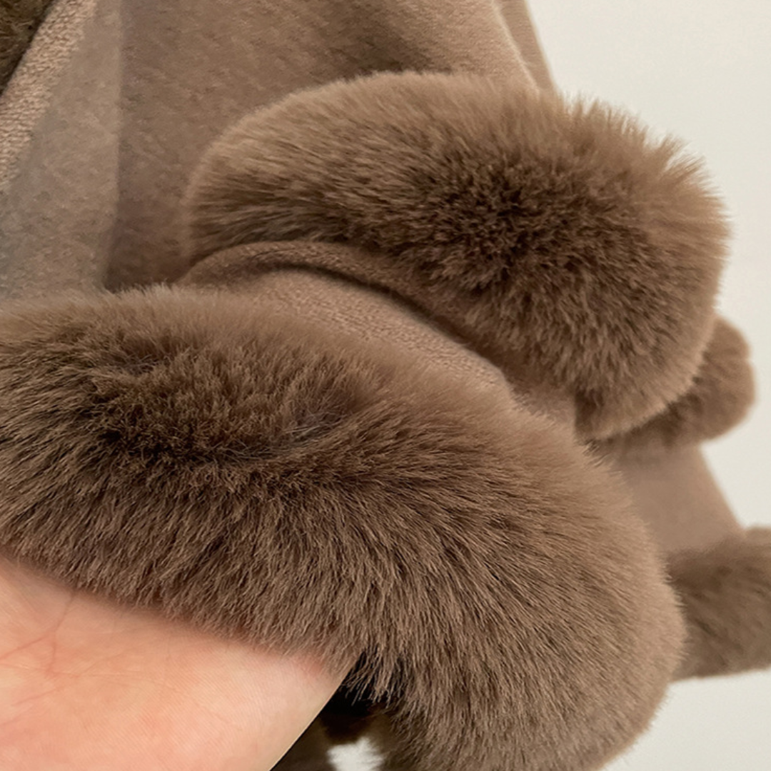Women's Faux Fur Trim Hooded Knit Cape Coat - 10