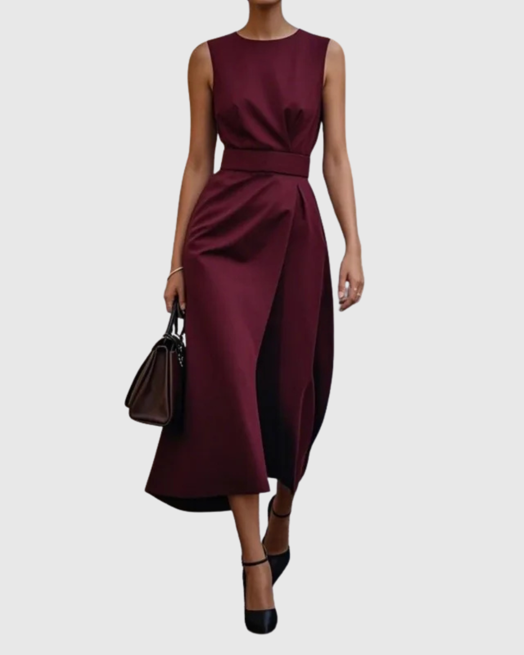 Women's Sleeveless Round Neck Dress with Waist Pleats and Side Slit - Fuchsia