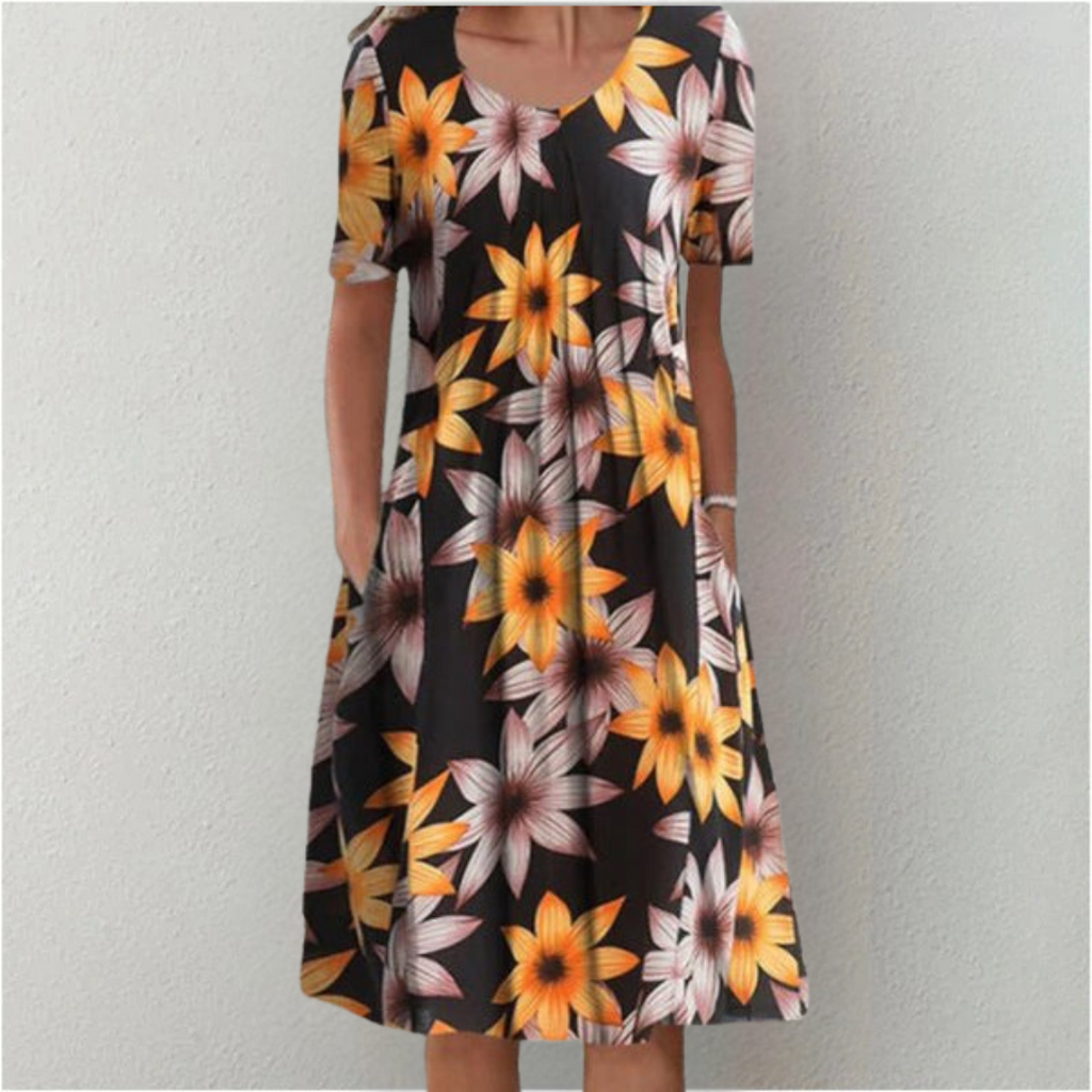 Women's Floral Print Short Sleeve Dress with Round Neck and Pockets - 7
