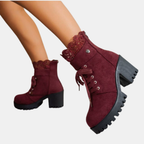 Women's Lace Up Ankle Boots with Decorative Lace Trim and Block Heel - 6
