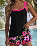 Tummy-Control Tankini Swimsuit Set with Floral Shorts - Fuchsia