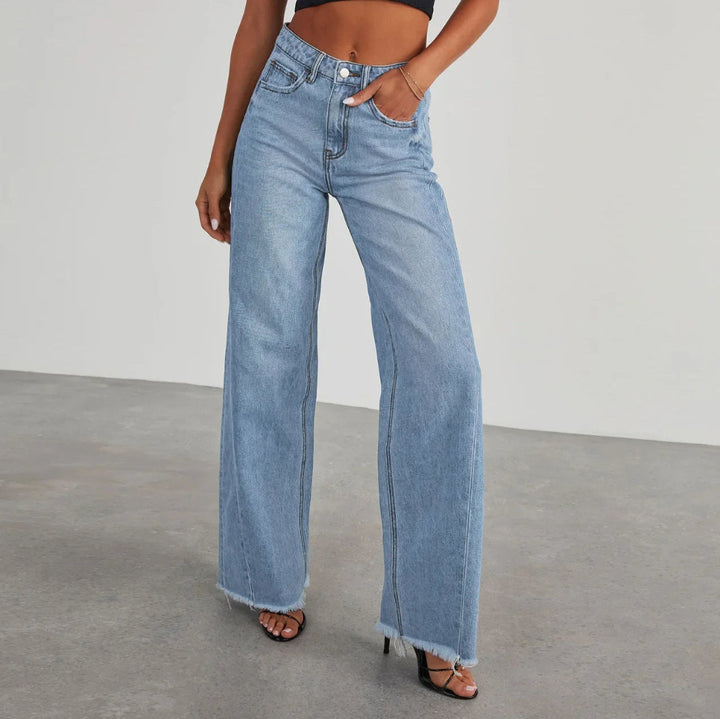 Women's Wide-Leg Jeans with Frayed Hem for Casual Style - Sky Blue
