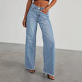 Women's Wide-Leg Jeans with Frayed Hem for Casual Style - Sky Blue
