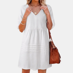 Women's Puff Sleeve Empire Waist V-Neck Mini Dress - 8