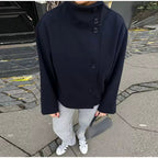Women's Short Peacoat with High Collar and Minimalist Design - 8