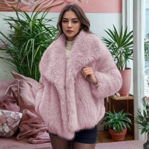 Corrine - Classy Long Sleeve Collared Fuzzy Coat - Pink