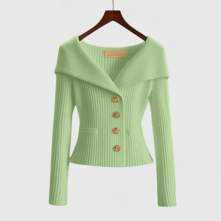 Women's Cardigan with Off-Shoulder Collar and Button Front - Green