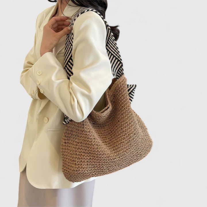 Women's Woven Shoulder Bag with Contrast Straps - 3