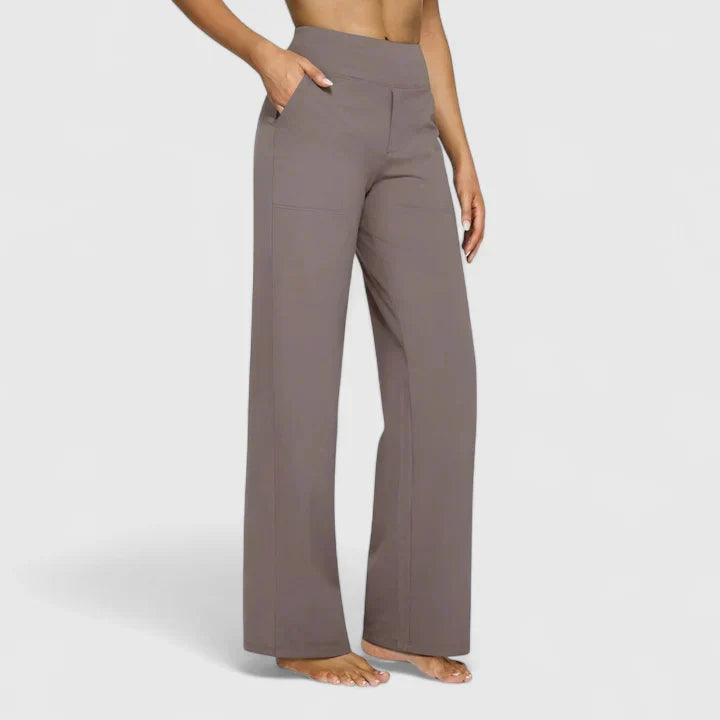 Women's Trousers Straight Leg with Elasticated Waist and Pockets - Taupe