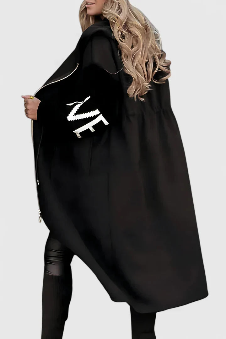 Women's Longline Hooded Coat with Zip Front and Contrast Knit Sleeves - 5