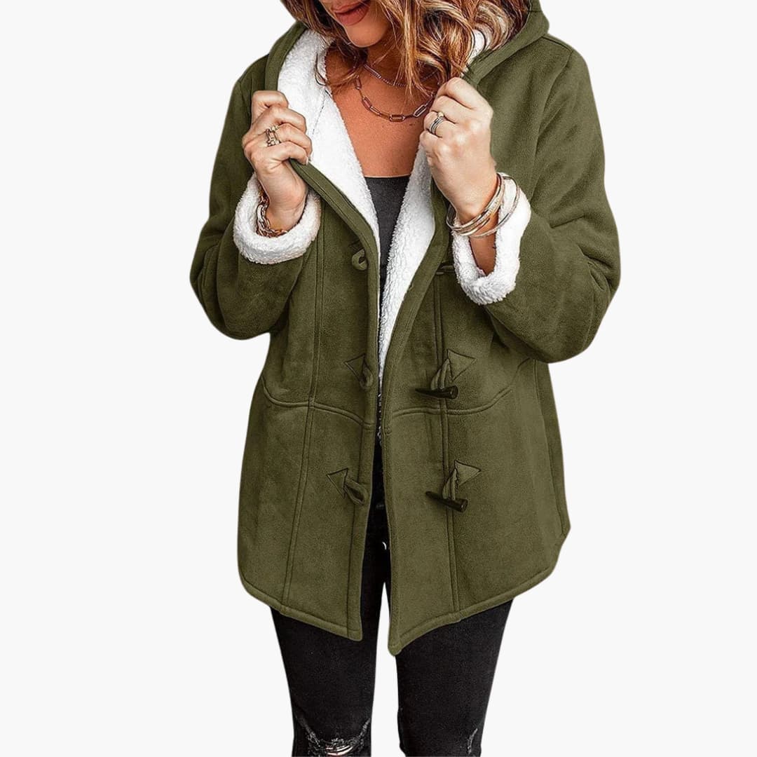 Women's Hooded Toggle Coat Sherpa Lined Mid-Thigh Length - Olive Green