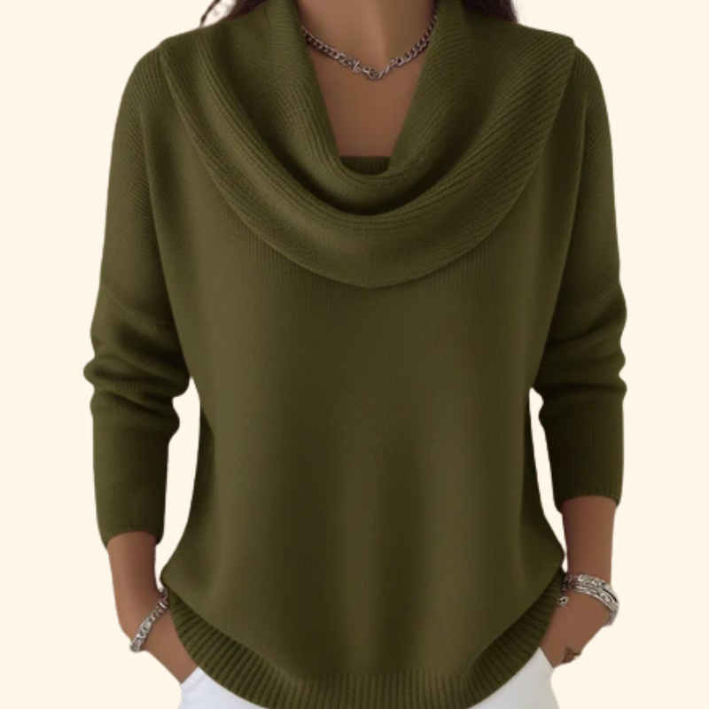 Women's Jumper with Draped Cowl Neck and Long Sleeves - Green