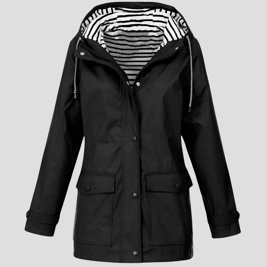 Women's Hooded Rain Jacket with Adjustable Hood and Snap Pockets - Black