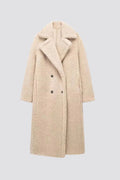 Women's Longline Teddy Coat with Wide Lapel and Double-Button Front - Beige